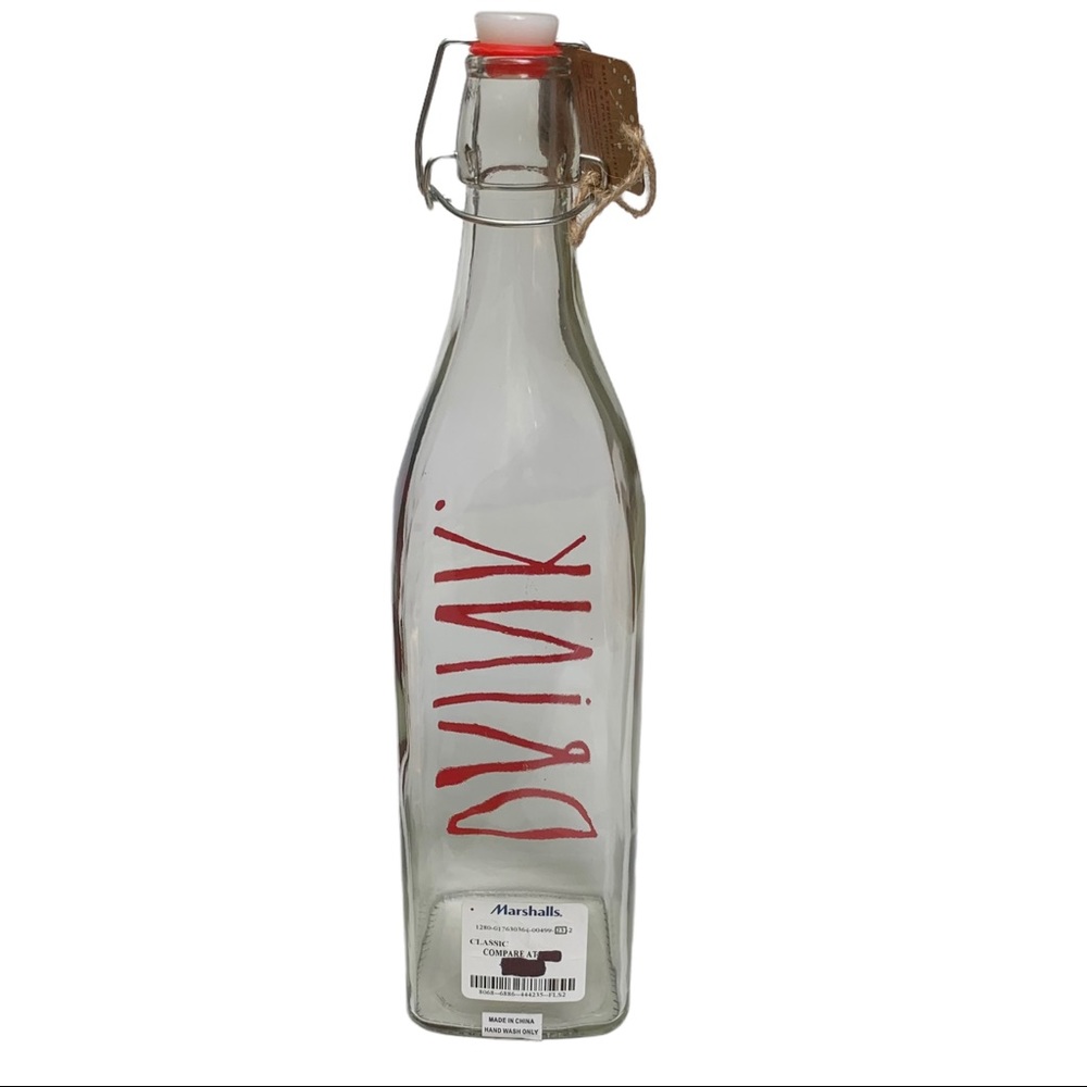 Rae Dunn DRINK Clear Glass Bottle Bail & Trigger Closure Red Letters NWT 2017 - Picture 5 of 11
